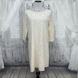 Everly Large Cream Off White Lace Shift Dress 3/4 Sleeve Lined Boat Neck NEW